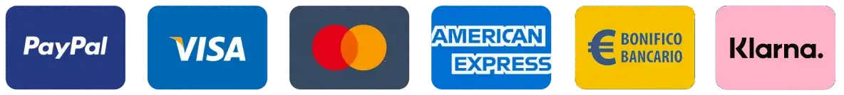 Pagamenti sicuri e tracciati con Bonifico Bancario in Italia, carte di credito Visa, MasterCard, Amex, Paypal e a rate con Klarna